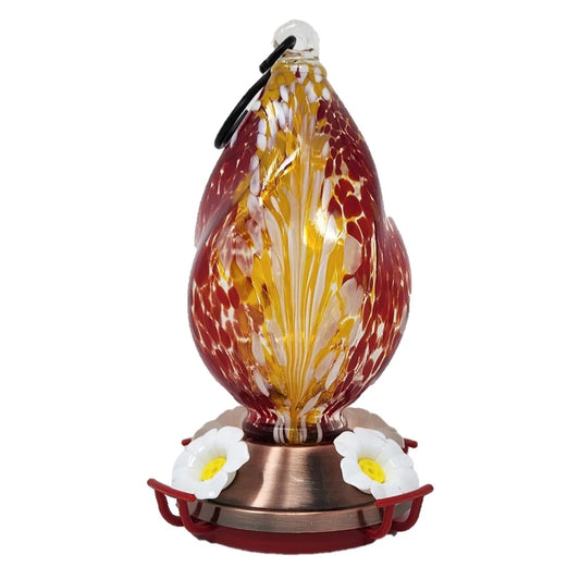 Hand-Blown Glass Hummingbird Feeder Unique Red Swirl Design Copper Base Durable Leak-Proof Easy Clean Garden Decor Gift