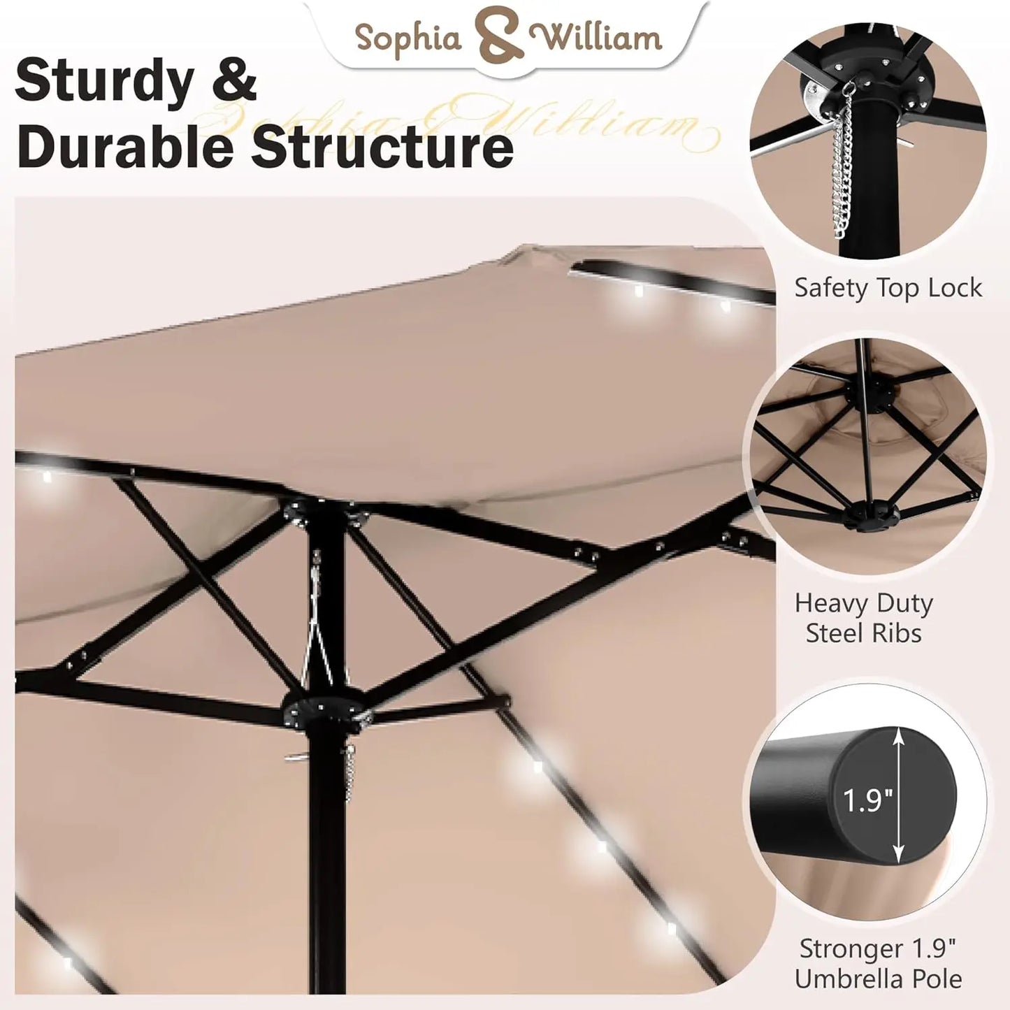 15 ft Extra Large Patio Umbrella with Solar Lights, Rectangular Outdoor Umbrella with Base Included, Market Umbrella Double