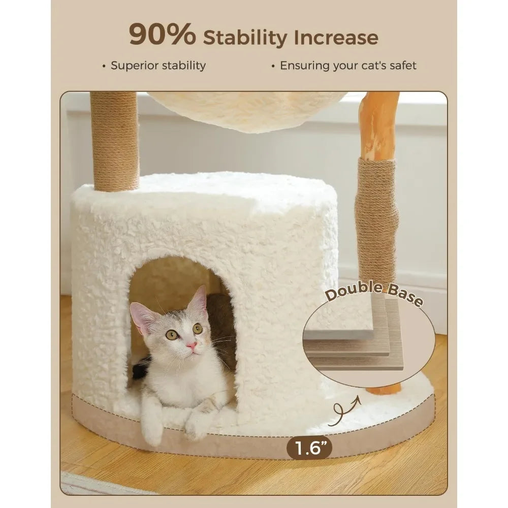 Modern Cat Tree for Large Cats, Wood Cat Tower for Indoor Cats, Real Branch Luxury Cat Furniture with Super Large Cozy Condo
