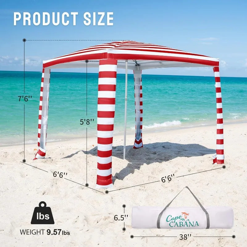 CROWN SHADES Beach Cabana 6.5 x 6.5, Cool Cabana Beach Tent Easy Pop Up - UPF50+ Protection with Sidewall and More Pockets, Red