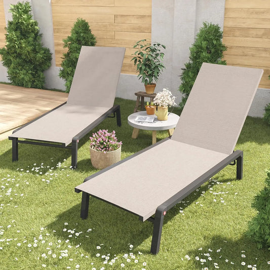 Patio Chaise Lounge Set of 2 with 4 Adjustable Backrest, Foldable Aluminum Chaise Lounge Chair Recliner, Sun Tanning Beige