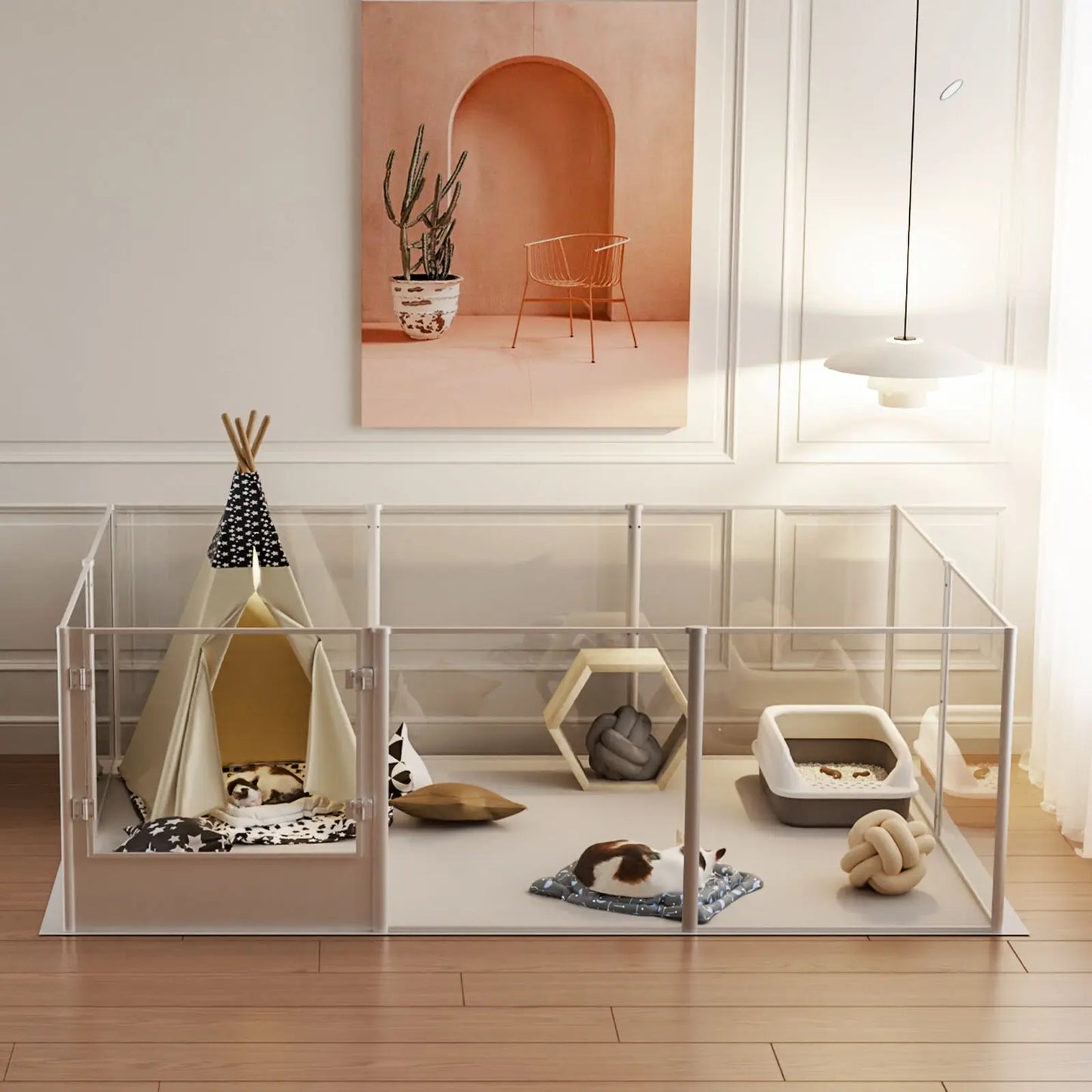 Unique Clear Acrylic Dog Whelping Pen Box Pet Playpen Rabbit Cage with Waterproof Floor Pad for Guinea Pigs,Hedgehogs,Hamsters