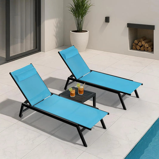 Outdoor Aluminum Lounge Chair -Set of 2 with 5 Position Adjustable Backrest, Textilene Fabric, Two Wheels, Headrest for Pool
