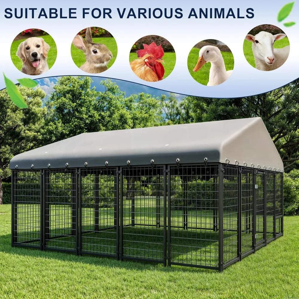 Dog Kennel 10X10FT Outside Heavy-Duty Outdoor Dog Cage with Roof and Double Lock - Spacious, Dog Crate for Pets with Feeding
