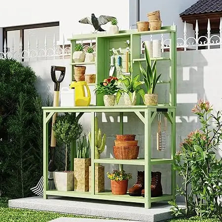 64.6" Garden Wood Workstation, Potting Bench Outdoor with 6-Tier Shelves Large Planting Table Potting Station with Side Hook and