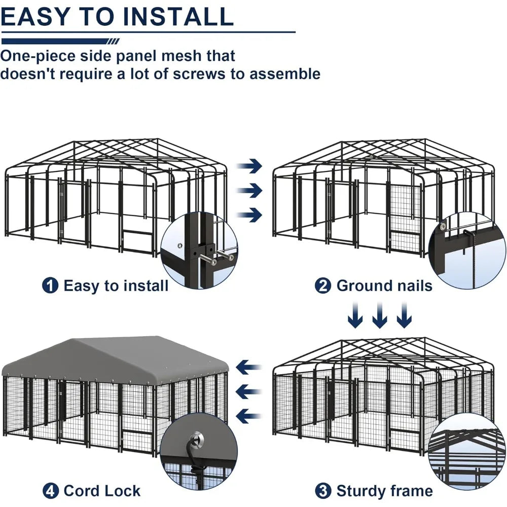 Dog Kennel 10X10FT Outside Heavy-Duty Outdoor Dog Cage with Roof and Double Lock - Spacious, Dog Crate for Pets with Feeding