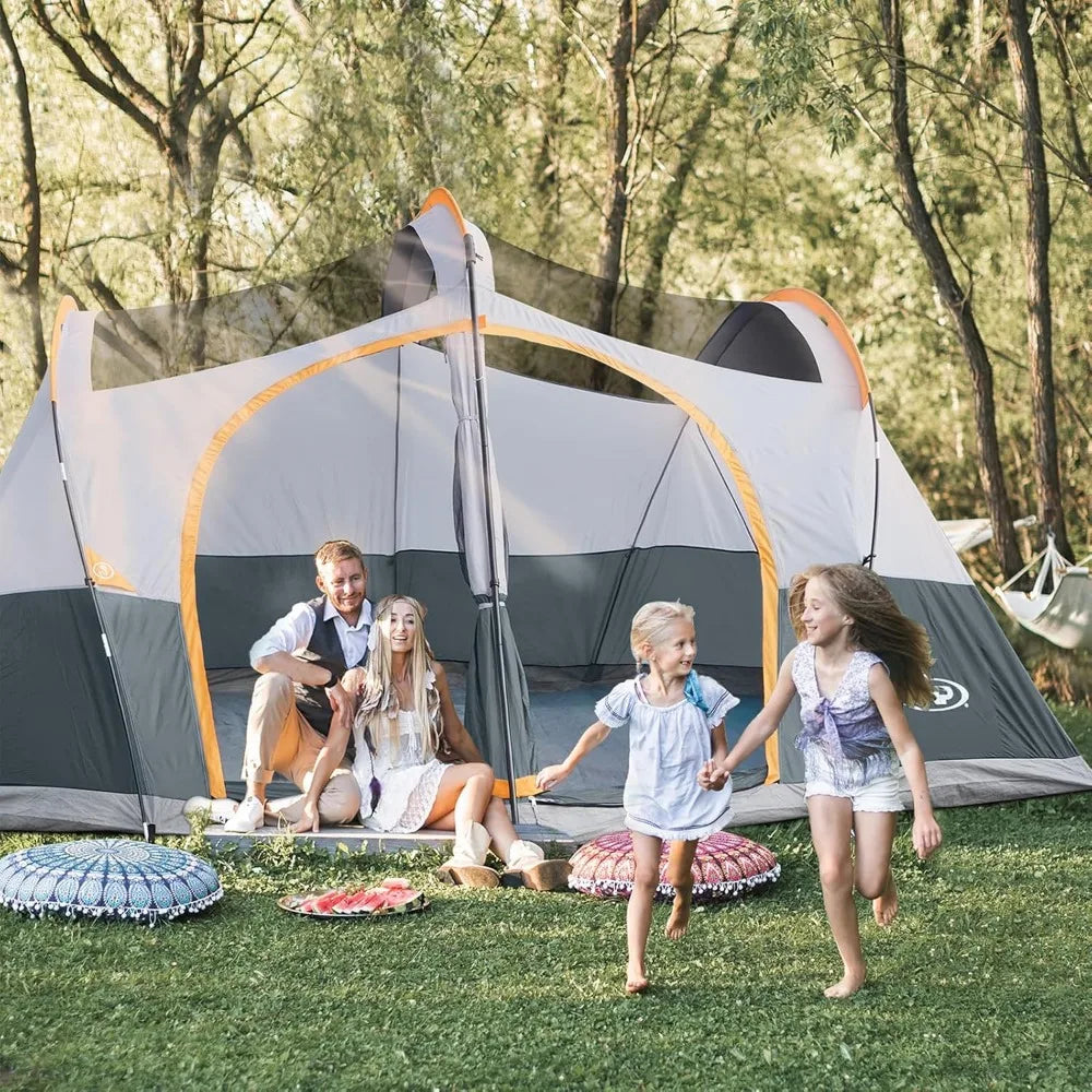 UNP Camping Tent 8/9 Person, Family Camping Tent, 5 Large Ventilation Mesh Windows, 14'x14'x78 inches Tall with Dividers Curtain