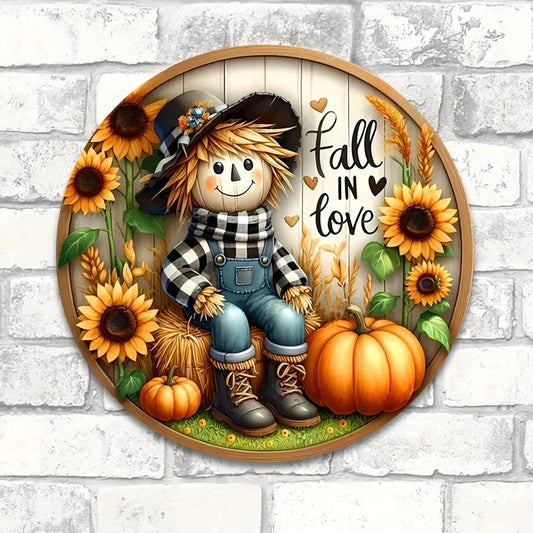 Tin Painting - Charming Scarecrow & Fall Harvest 7.9"X7.9" Sign | Round Wreath Centerpiece for Door & Wall | Ideal Home Decor