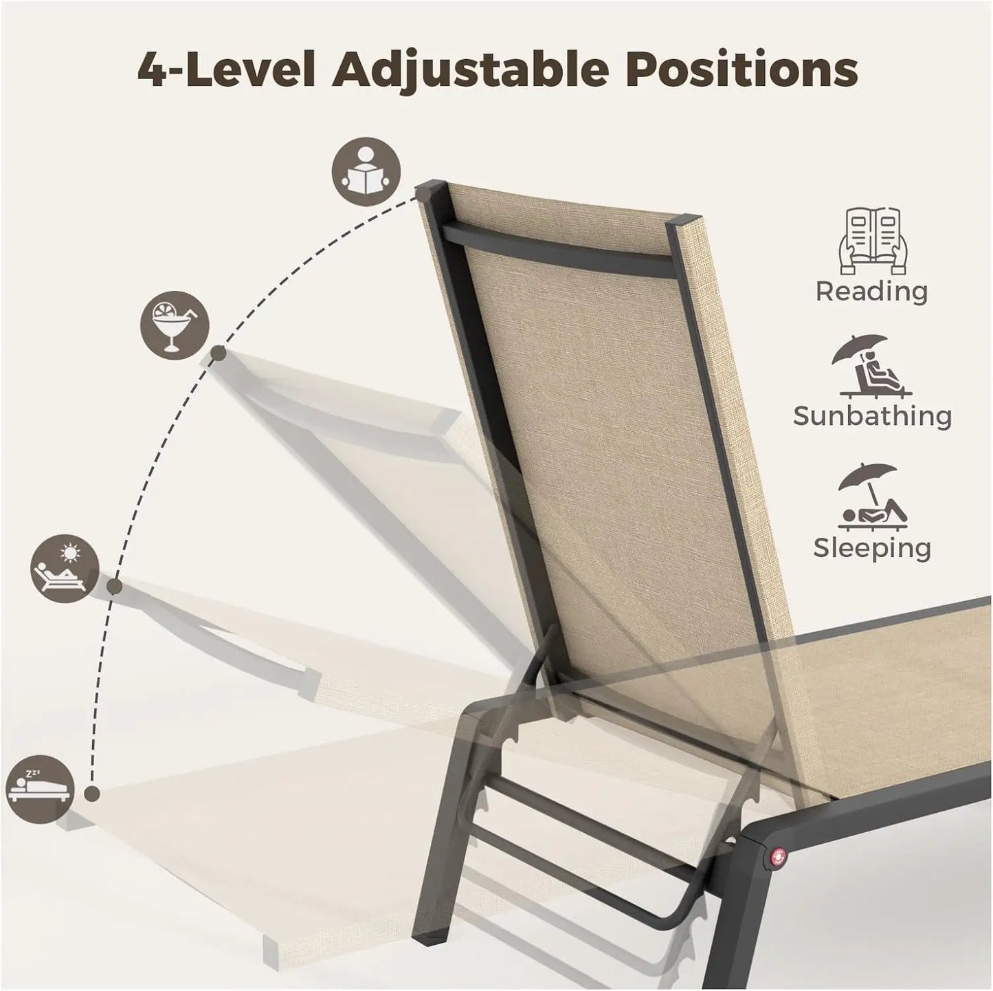 Patio Chaise Lounge Set of 2 with 4 Adjustable Backrest, Foldable Aluminum Chaise Lounge Chair Recliner, Sun Tanning Beige