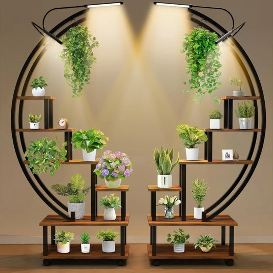 Plant Stand with Grow Light, 6 Tier Tall Plant Stand Indoor with 4 Hanging Hooks, Half Moon Shaped Ladder Plant Shelf Display