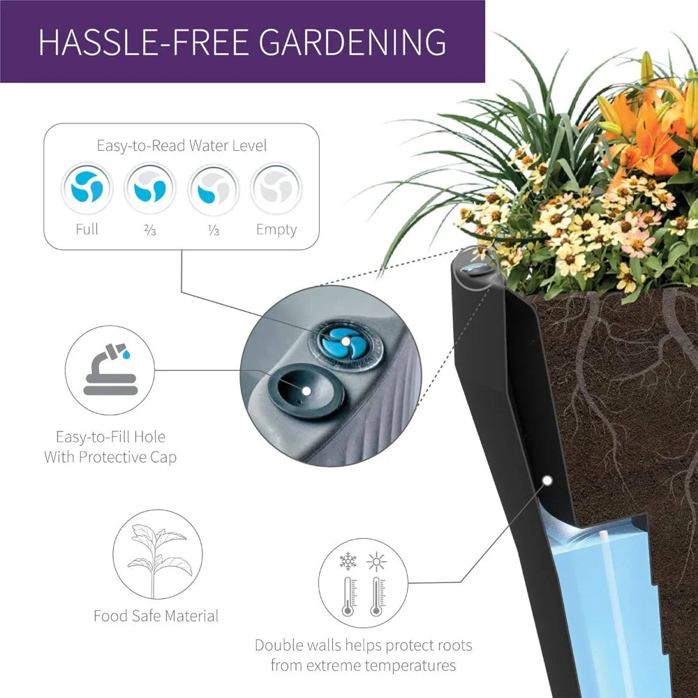 Crescent Garden Rim TruDrop Planter, Self-Watering Plant Pot, 18-Inch (Caviar Black)