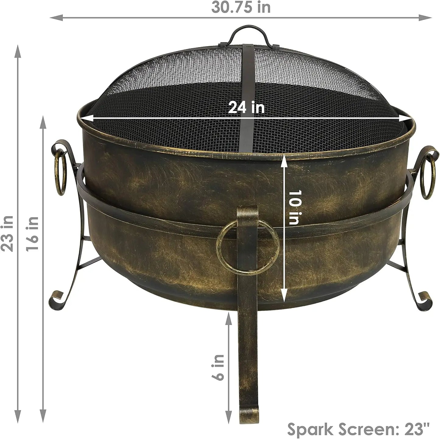 24-Inch Cauldron Style Outdoor Fire Pit Bowl - Outdoor Wood Burning Fire Pit with Spark Screen, Log Poker, and Wood Grate
