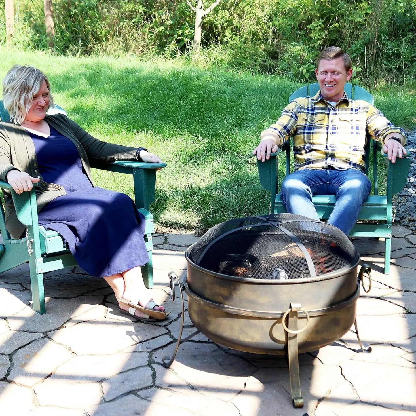 24-Inch Cauldron Style Outdoor Fire Pit Bowl - Outdoor Wood Burning Fire Pit with Spark Screen, Log Poker, and Wood Grate
