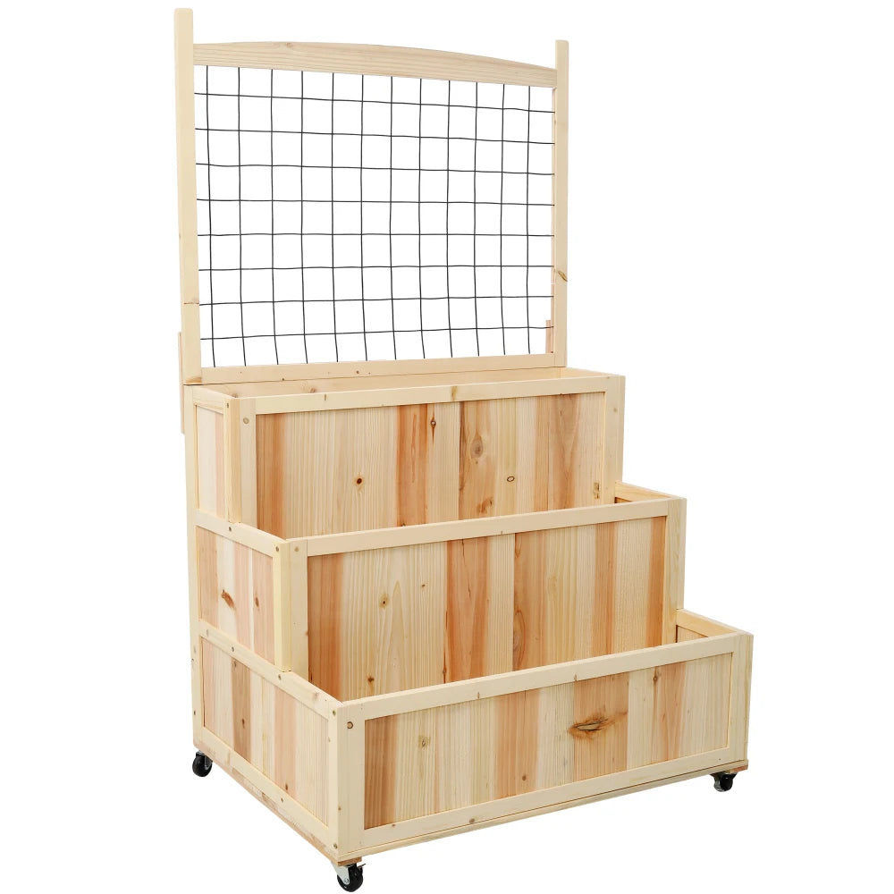 3-Tiers Raised Garden Bed with Trellis, 53" H Vertical Planter Box with Wheels & Back Storage Area, for Flowers, Vegetables