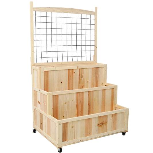 3-Tiers Raised Garden Bed with Trellis, 53" H Vertical Planter Box with Wheels & Back Storage Area, for Flowers, Vegetables