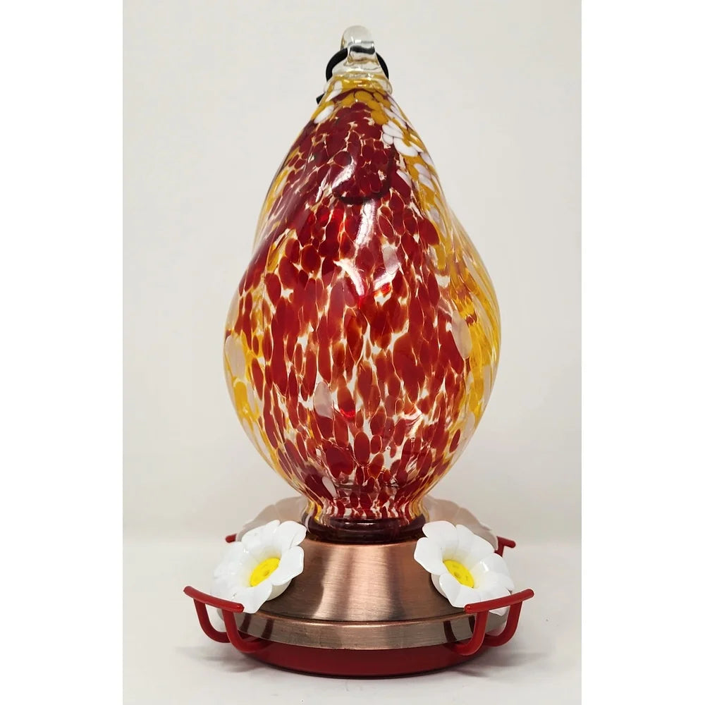 Hand-Blown Glass Hummingbird Feeder Unique Red Swirl Design Copper Base Durable Leak-Proof Easy Clean Garden Decor Gift