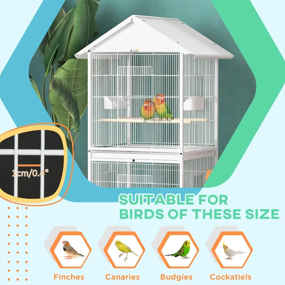 Wrought Metal Bird Cage Feeder with Rolling Stand Perches Food Containers Doors Wheels 67" H, White