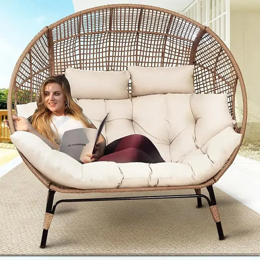 Double Egg Chair Indoor Outdoor 680lbs, 2 Person Brown Wicker Oversized Stationary Egg Chair with Beige Thick Cushion, Patio Wi