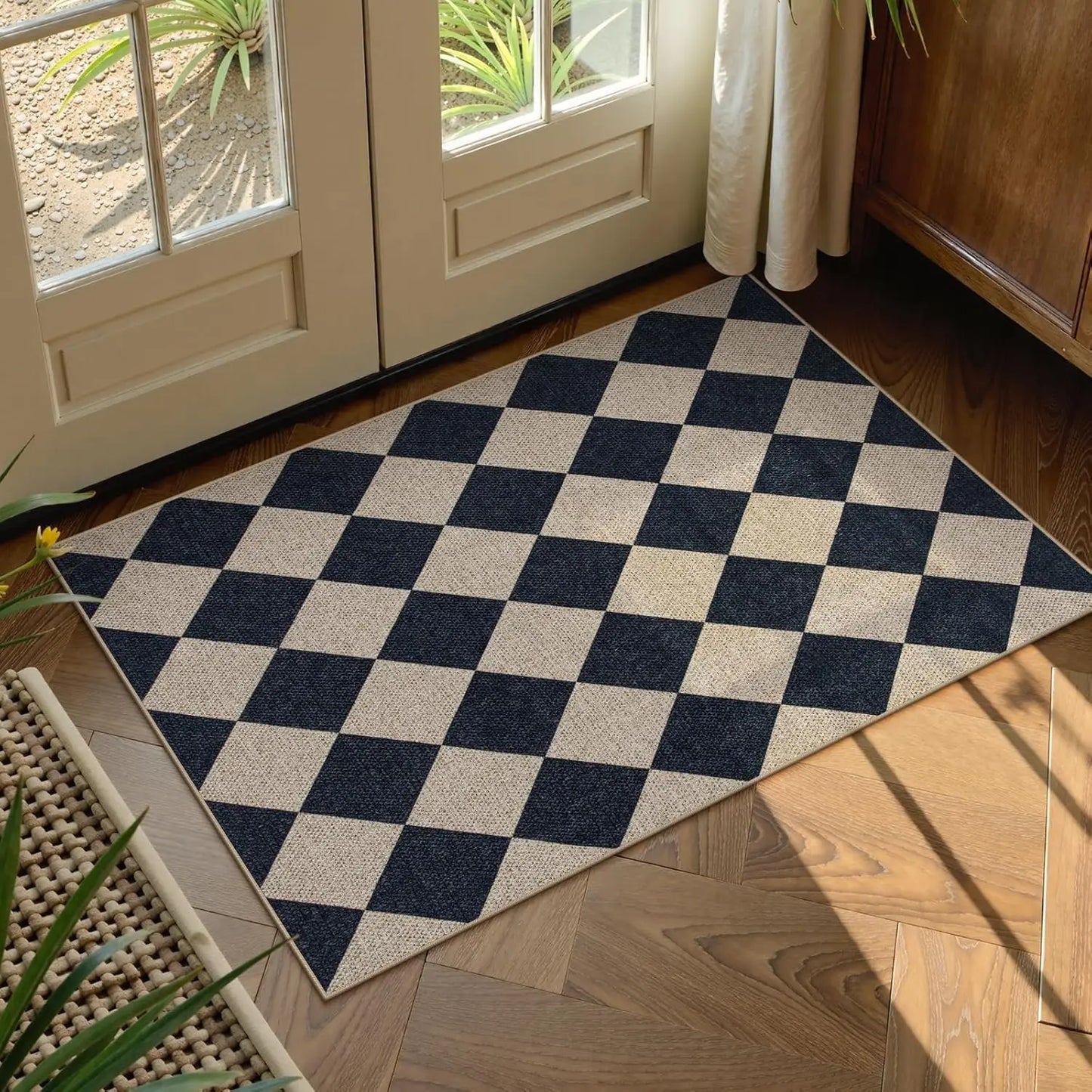Checkered Easy Jute 3x5 Outdoor Patio Rug, Washable Rugs, Farmhouse Neutral Non Slip Black Door Carpet for Backyard Bedroom, Rug