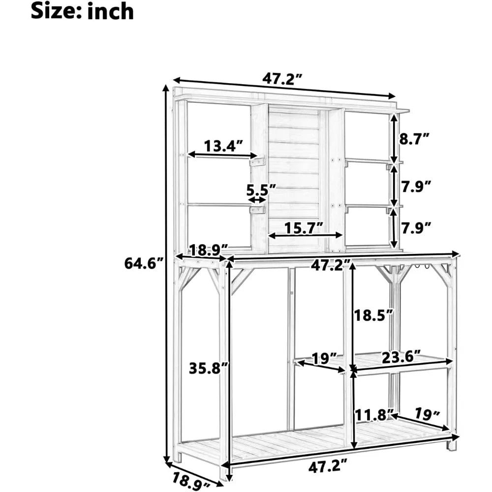 64.6" Garden Wood Workstation, Potting Bench Outdoor with 6-Tier Shelves Large Planting Table Potting Station with Side Hook and