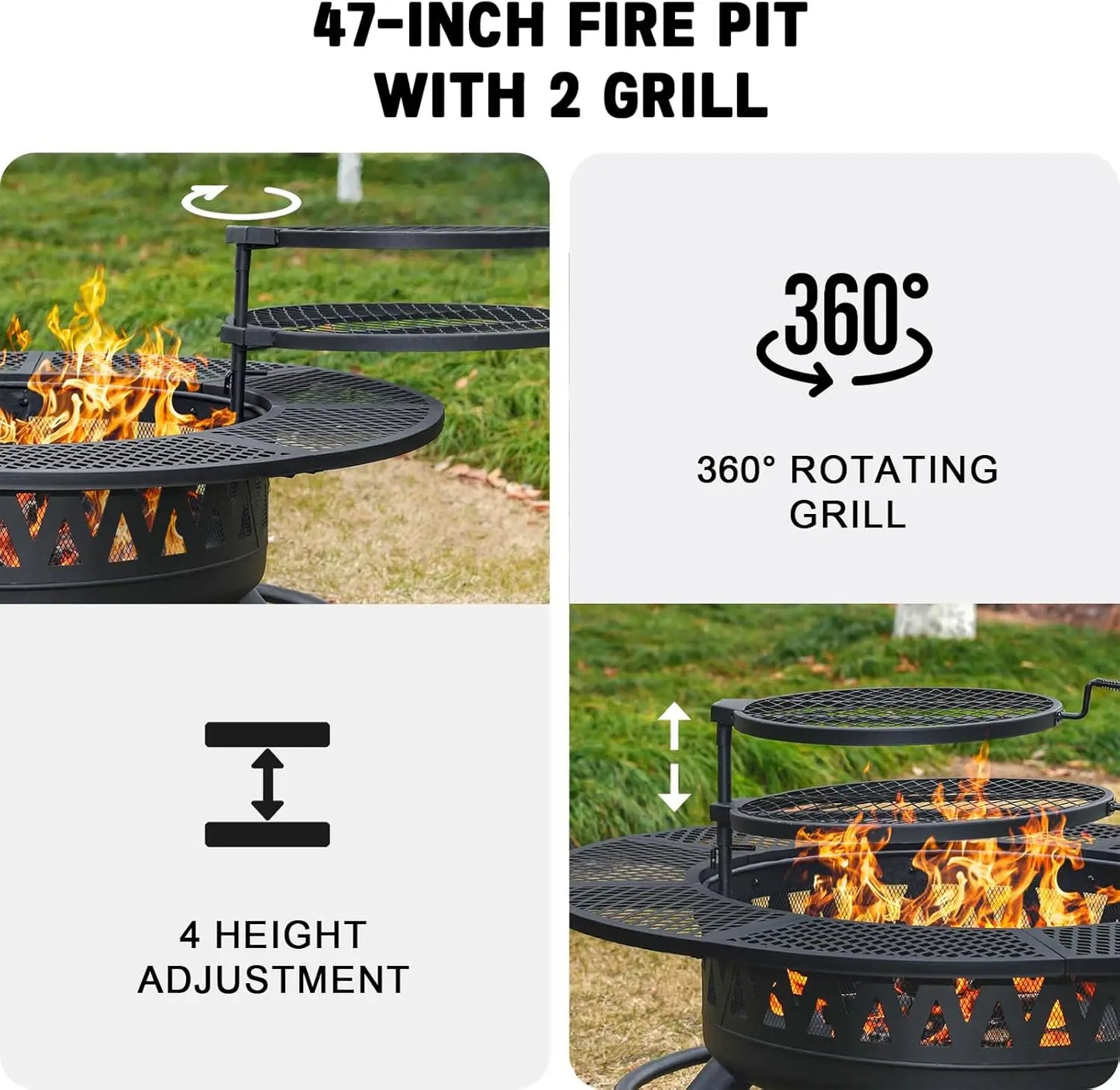 47Inch Fire Pit with 2Grills,Outdoor Extra Large Firepits for Outside,3-in-1 Round Metal Table with Lid for Backyard,Patio,Party