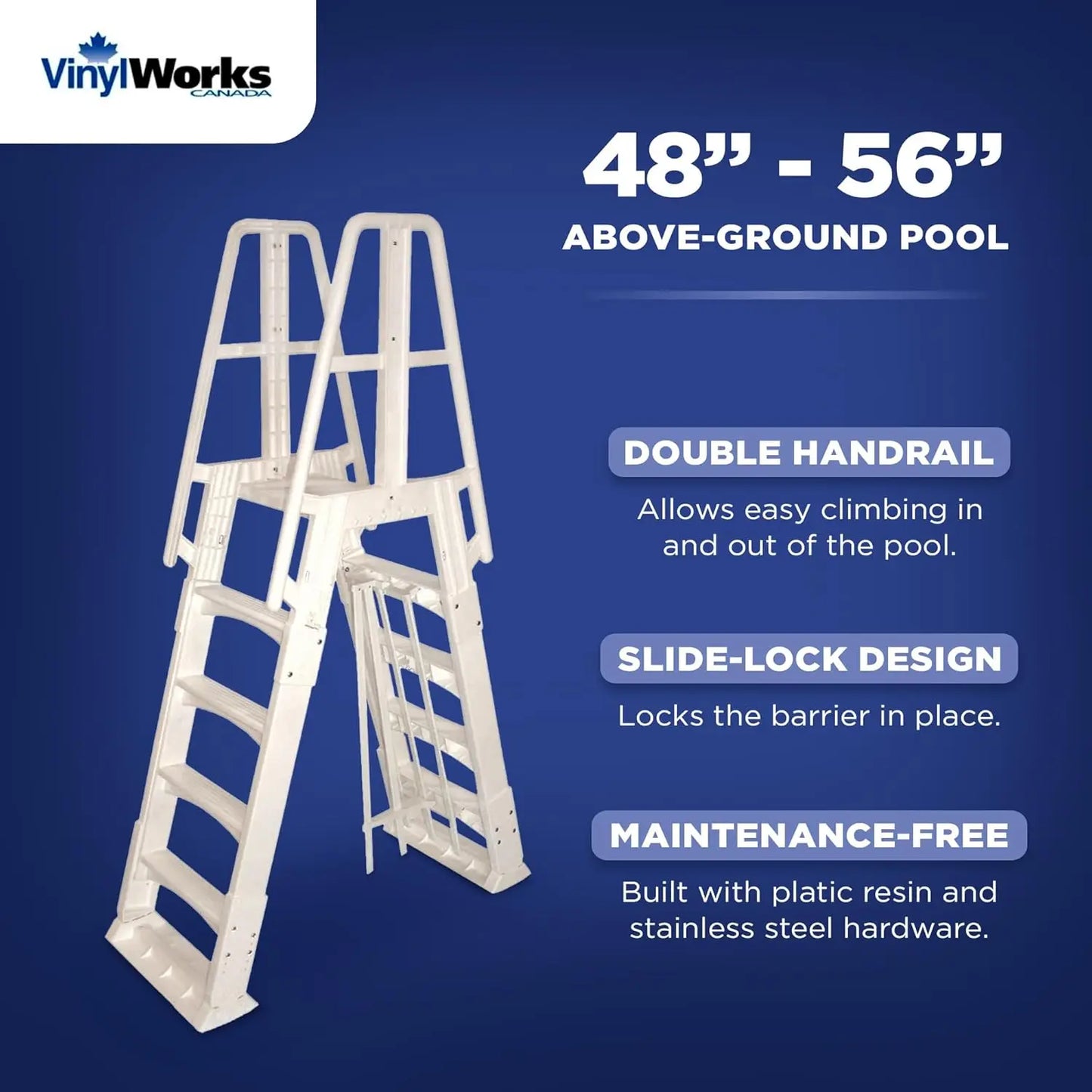 SLA A-Frame 48 to 56 Inch Adjustable Above Ground Swimming Pool Ladder Entry System with Slide Lock Barrier and Handrails, White