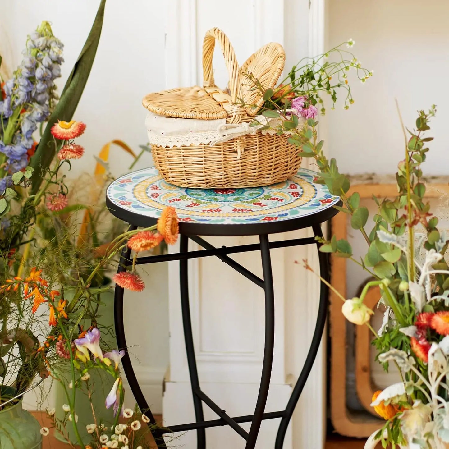 21" Mosaic Plant Stand, 14 Inch Round Side Table with Ceramic Tile Top, Indoor and Outdoor Accent Table
