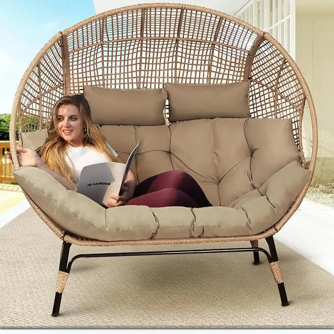 Double Egg Chair Indoor Outdoor 680lbs, 2 Person Brown Wicker Oversized Stationary Egg Chair with Beige Thick Cushion, Patio Wi