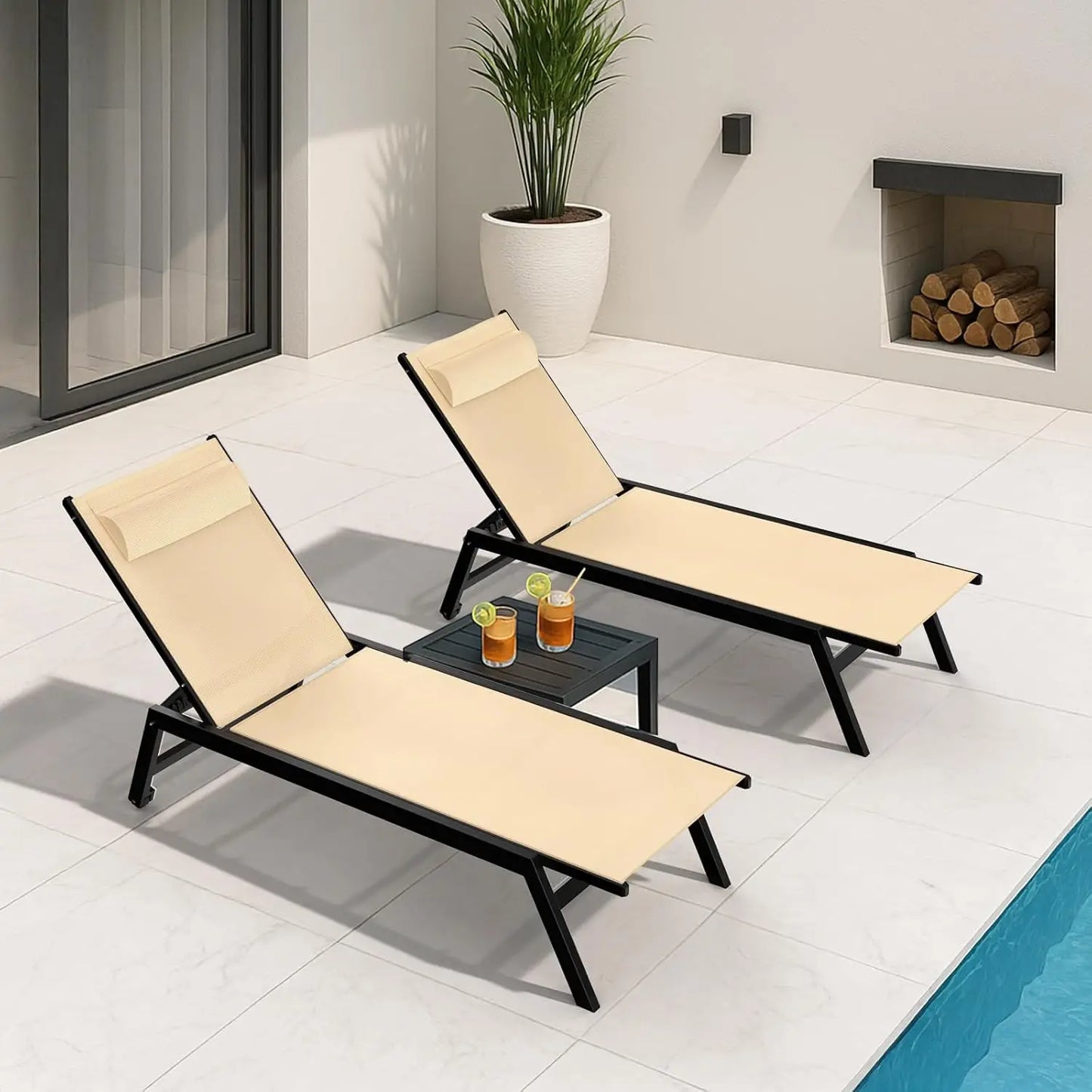 Outdoor Aluminum Lounge Chair -Set of 2 with 5 Position Adjustable Backrest, Textilene Fabric, Two Wheels, Headrest for Pool