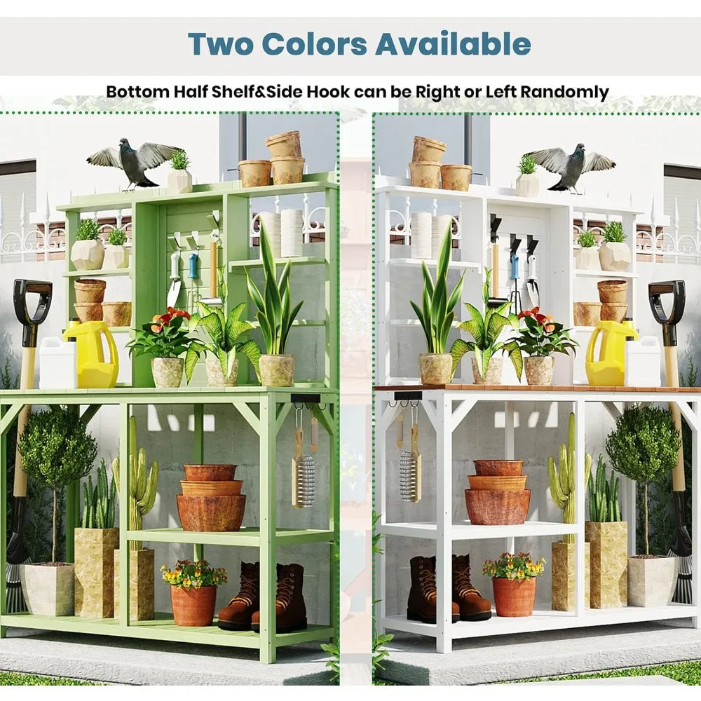 64.6" Garden Wood Workstation, Potting Bench Outdoor with 6-Tier Shelves Large Planting Table Potting Station with Side Hook and