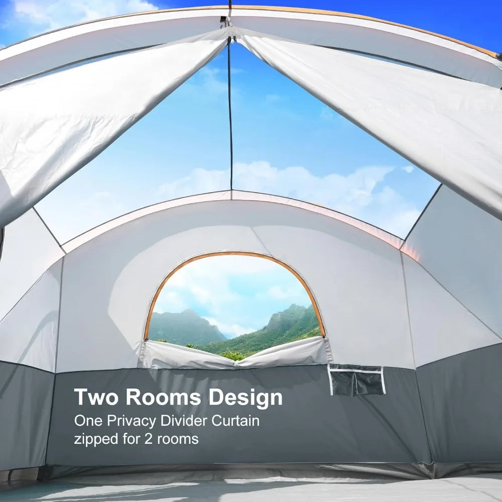UNP Camping Tent 8/9 Person, Family Camping Tent, 5 Large Ventilation Mesh Windows, 14'x14'x78 inches Tall with Dividers Curtain