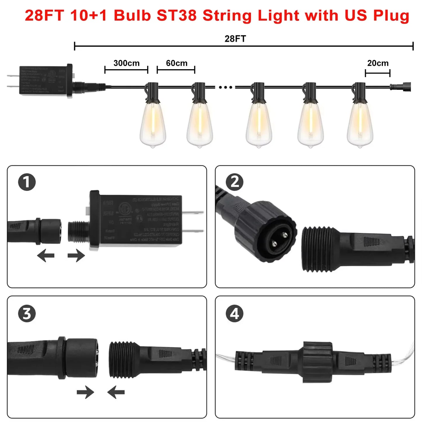 28ft Outdoor String Light 1/2/3/4PCS ST38 Bulb LED Garland Fairy Lamp US Plug Patio Light for Garden Wedding Party Balcony Decor