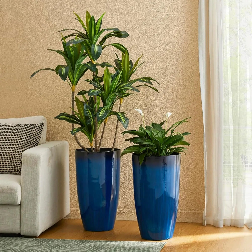 Oversized Tall Round Tapered Planter, Set of 2 Large Gradient Cobalt Blue Faux Ceramic Tall Planters Pots,