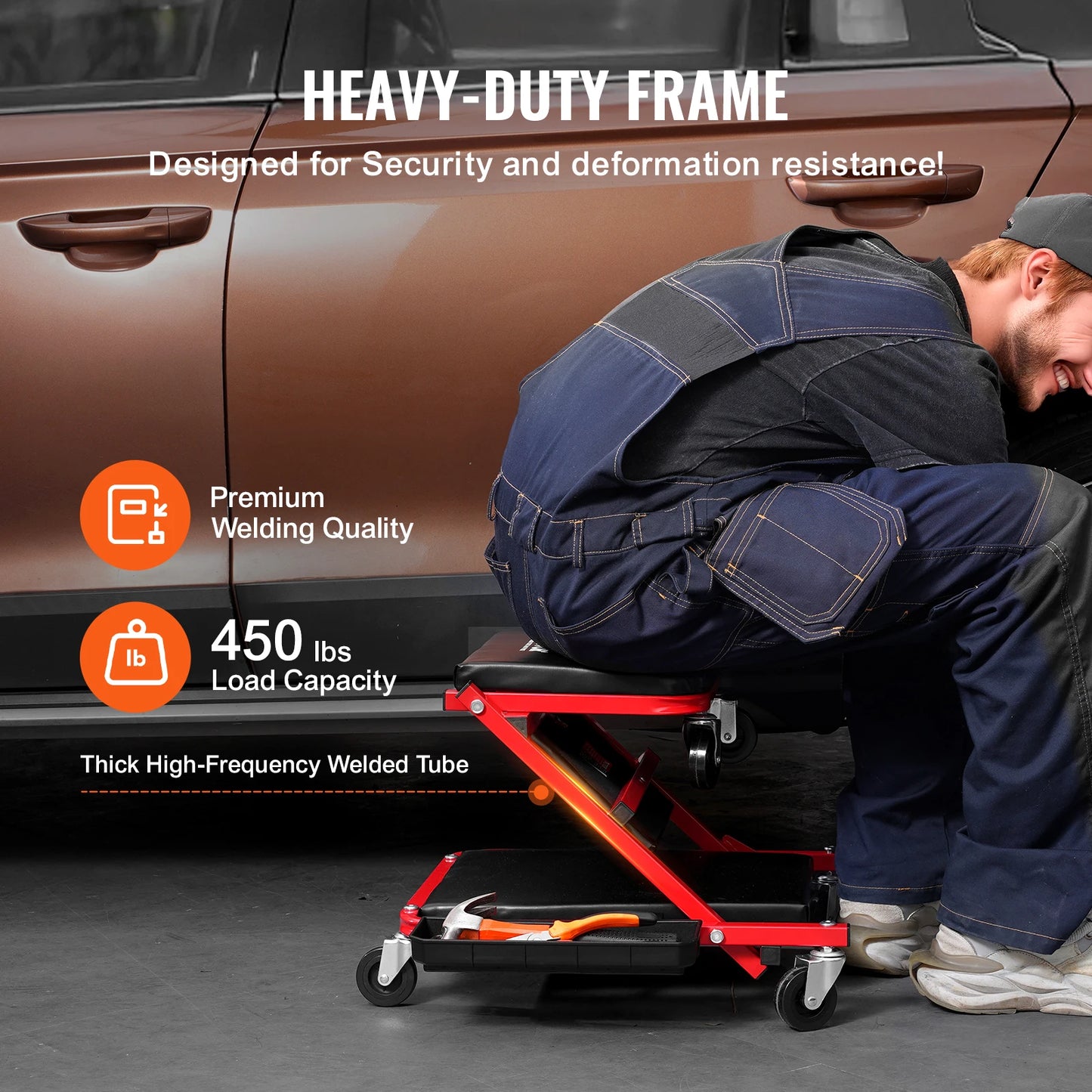 SucceBuy Foldable Z Garage Creeper Rolling Folding Mechanic Creeper Stool with 6 Wheels Tool Tray Padded Seat Garage Shop Home