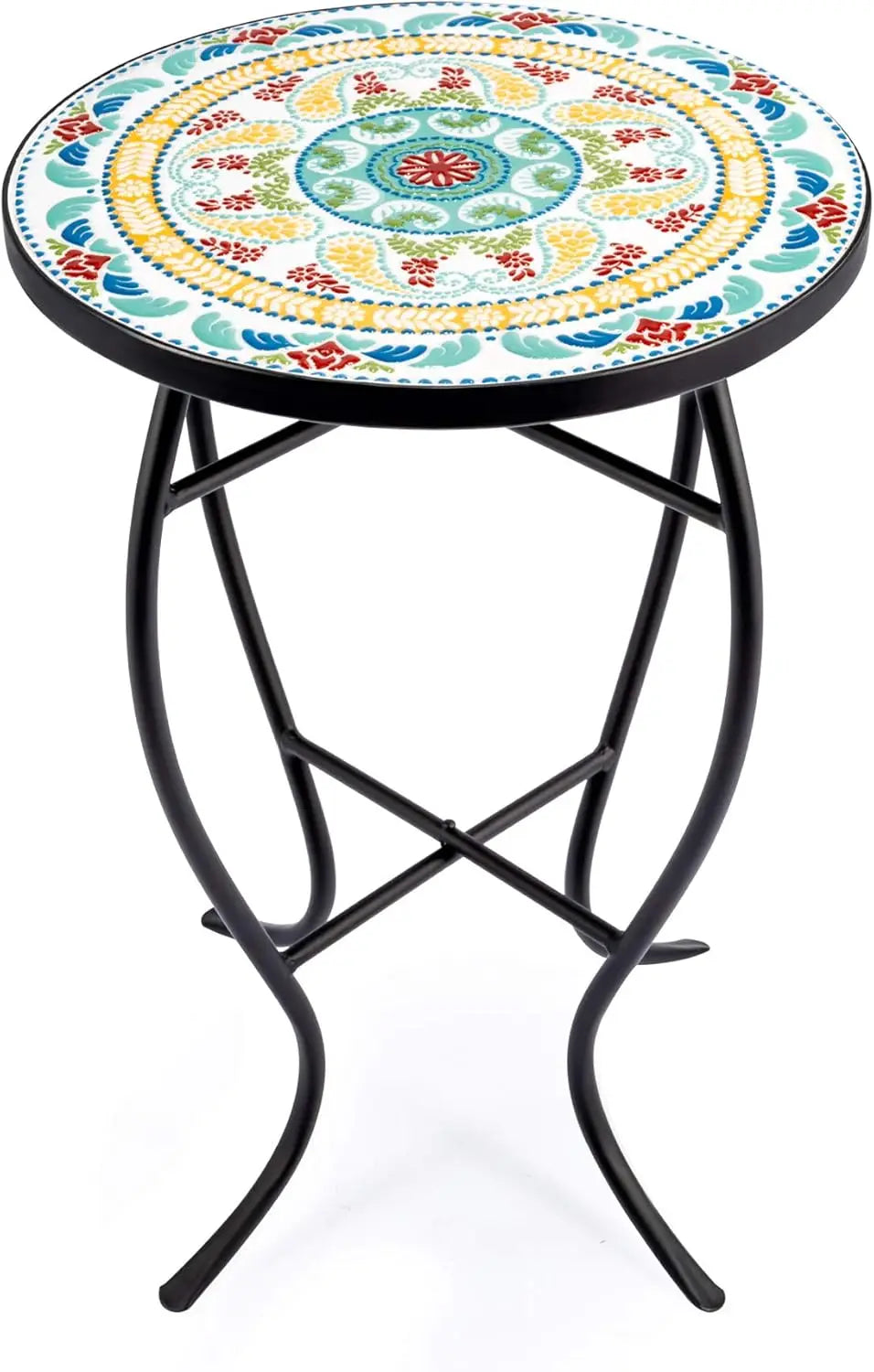 21" Mosaic Plant Stand, 14 Inch Round Side Table with Ceramic Tile Top, Indoor and Outdoor Accent Table