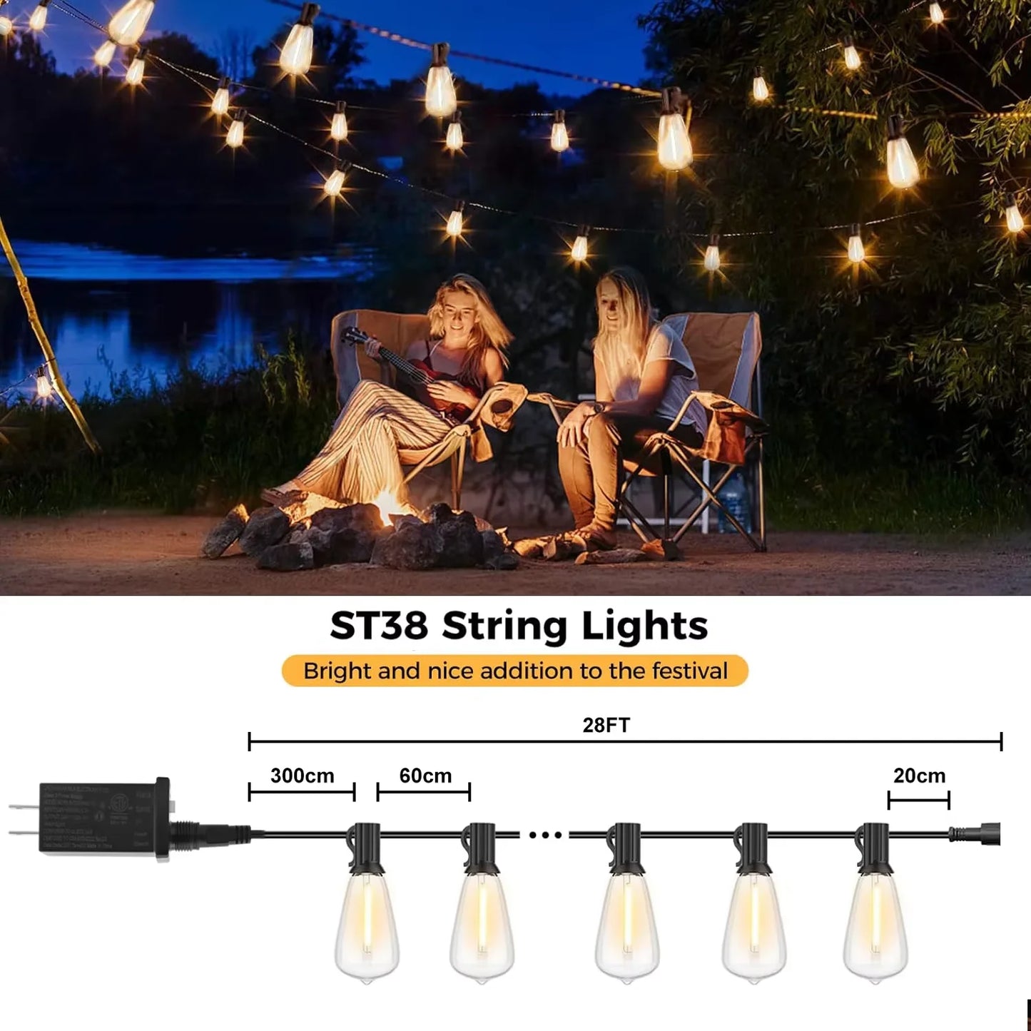 28ft Outdoor String Light 1/2/3/4PCS ST38 Bulb LED Garland Fairy Lamp US Plug Patio Light for Garden Wedding Party Balcony Decor