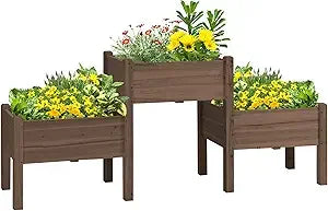 Outsunny Raised Garden Bed with 3 Planter Box, Elevated Wooden Plant Stand with Drainage Holes, for Vegetables, Herb and Flowers