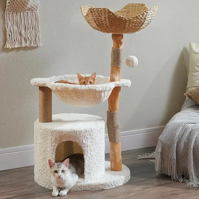 Modern Cat Tree for Large Cats, Wood Cat Tower for Indoor Cats, Real Branch Luxury Cat Furniture with Super Large Cozy Condo