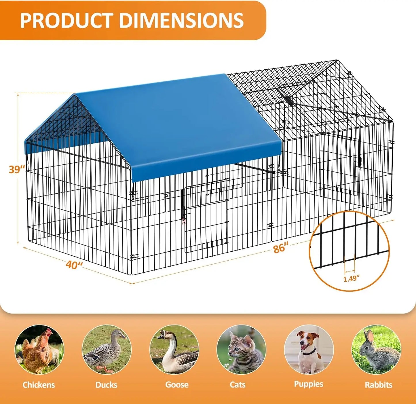 Metal Chicken Coop 86"×40"×39" Chicken Runs for Yard with Cover Playpen Enclosure Pen Kennel Duck CoopCage