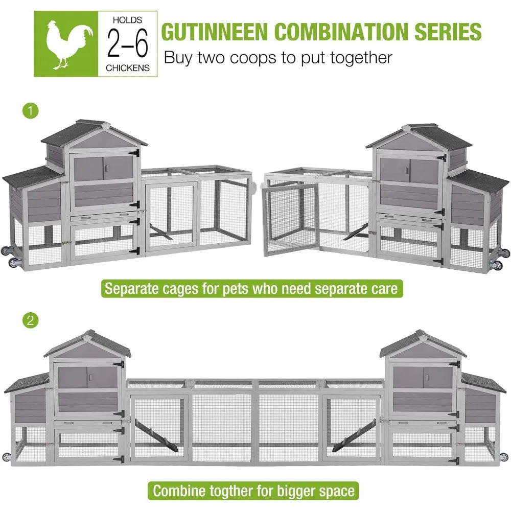 Chicken Coop On Wheels Chicken House Wooden Hen House Duck Coop with Large Nesting Box for 2-4 Chickens (Grey)