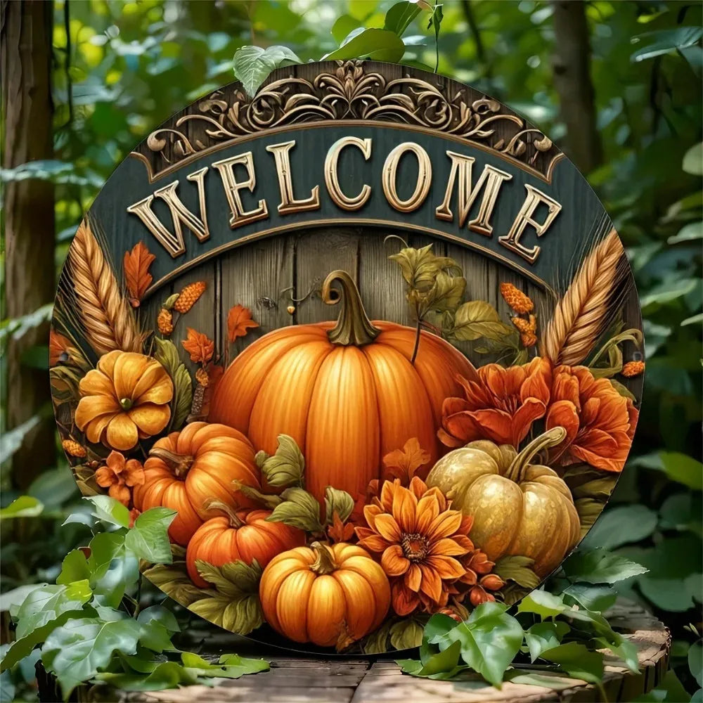 Tin Painting - 8" Round Metal Sign Welcome | Fall Harvest Festival & Thanksgiving Decor | Ideal for Home & Cafe Decorating