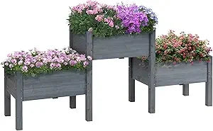 Outsunny Raised Garden Bed with 3 Planter Box, Elevated Wooden Plant Stand with Drainage Holes, for Vegetables, Herb and Flowers