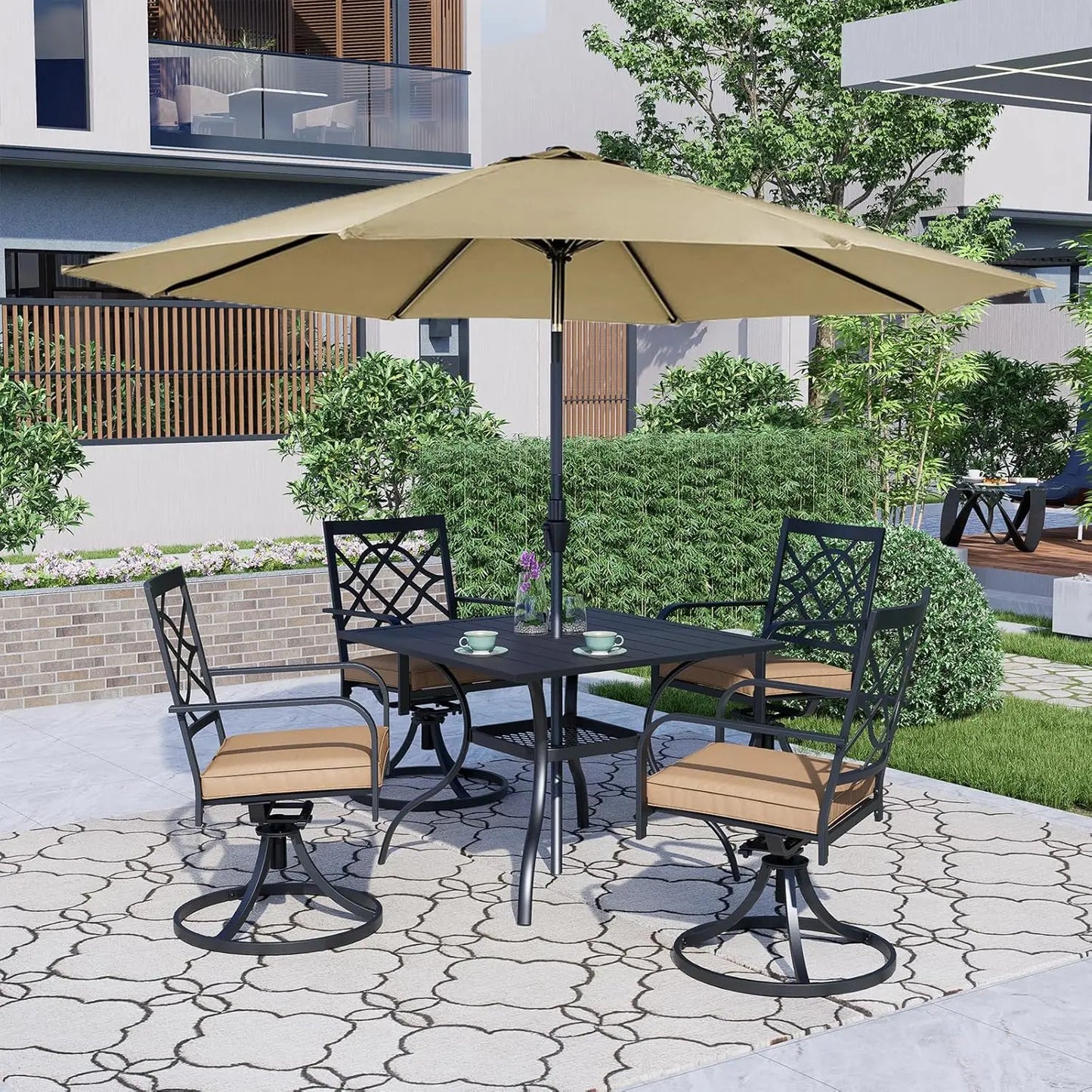 5-Piece Metal Outdoor Patio Furniture Outdoor Dining Set with Brown Umbrella, 4 Metal Swivel Chairs and Square Dining Table