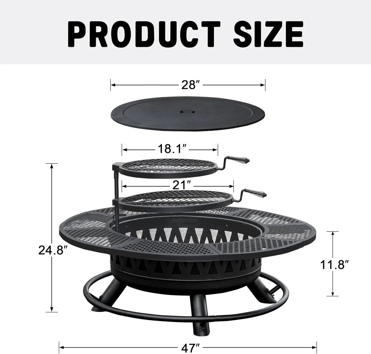 47Inch Fire Pit with 2Grills,Outdoor Extra Large Firepits for Outside,3-in-1 Round Metal Table with Lid for Backyard,Patio,Party