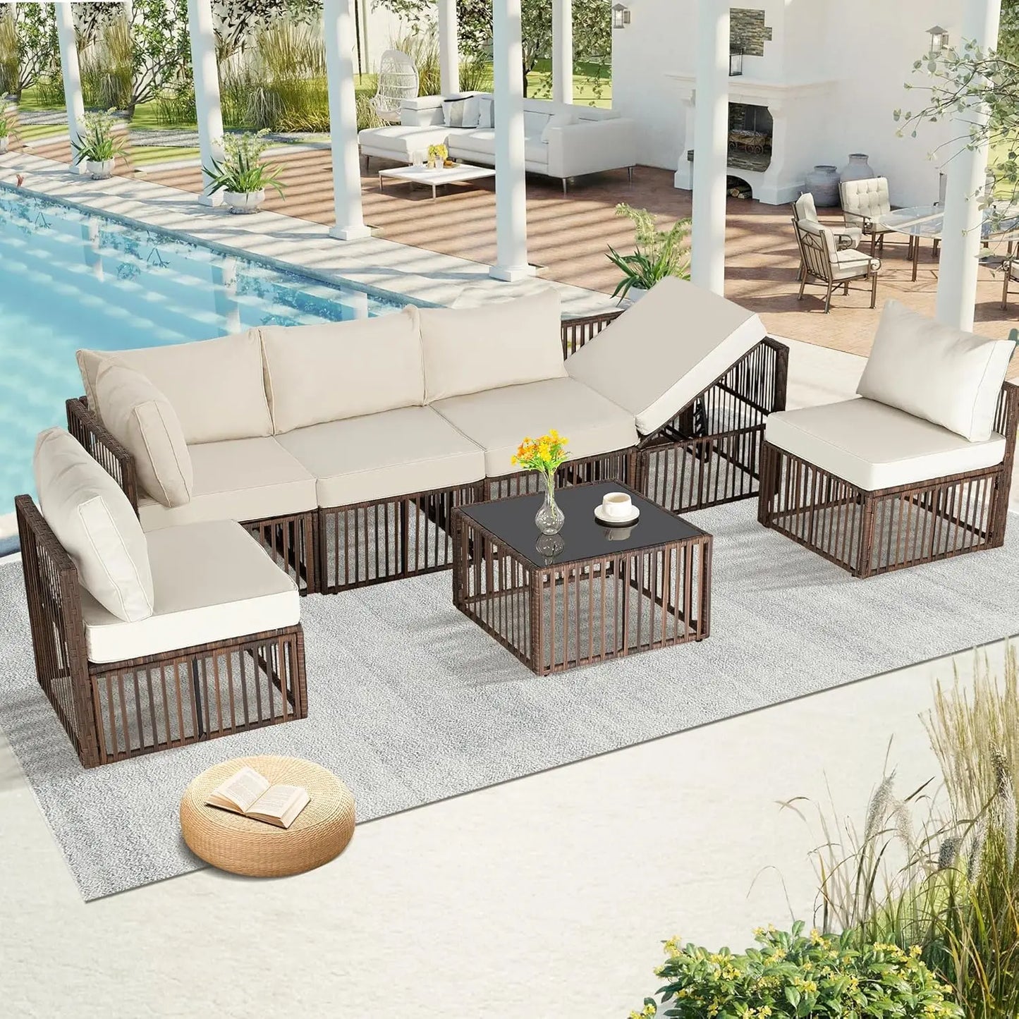7 Pieces Outdoor Patio Furniture Set, Wicker Outdoor Sectional Conversation Couch Set with Adjustable Backrest Sofa, Blue Cushio