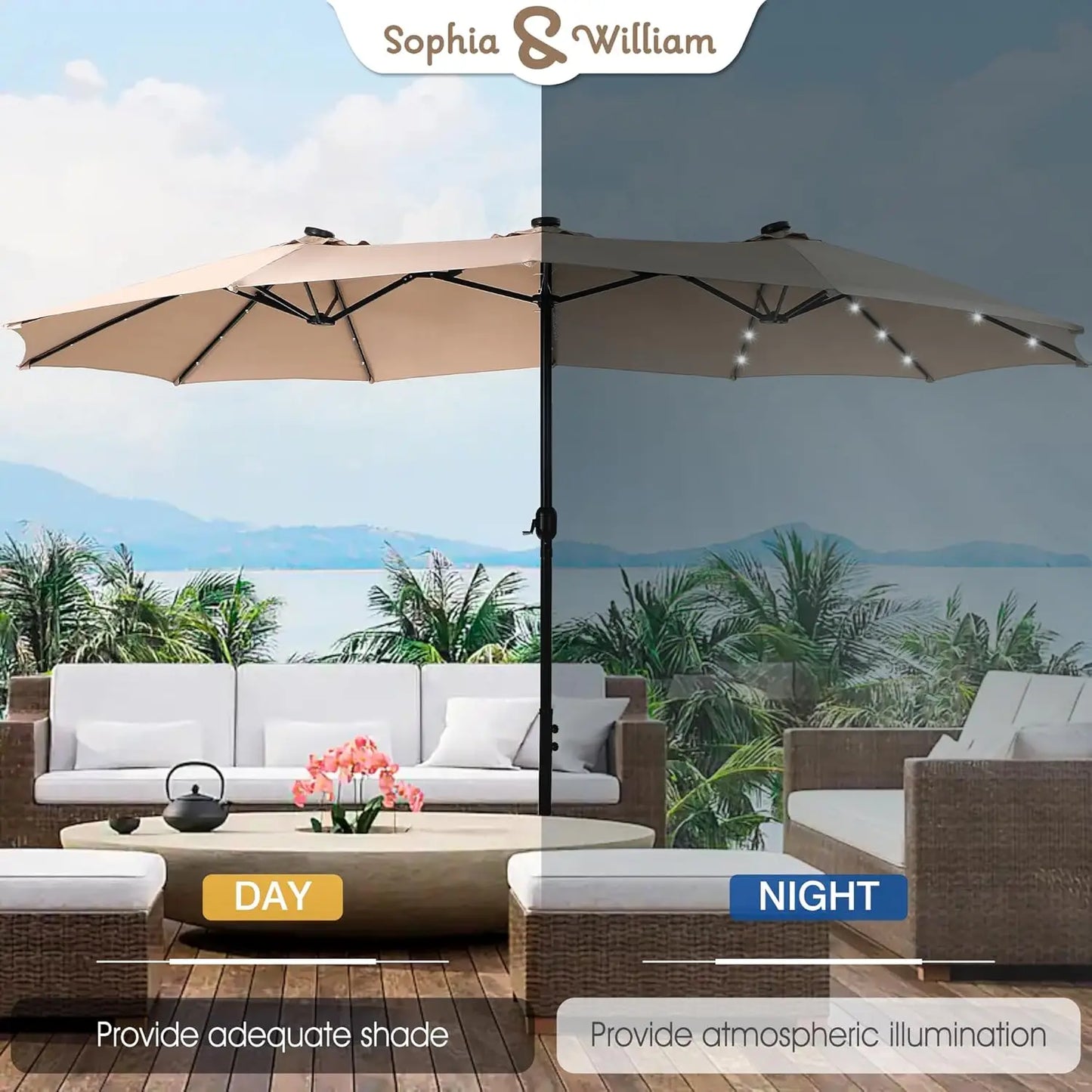 15 ft Extra Large Patio Umbrella with Solar Lights, Rectangular Outdoor Umbrella with Base Included, Market Umbrella Double