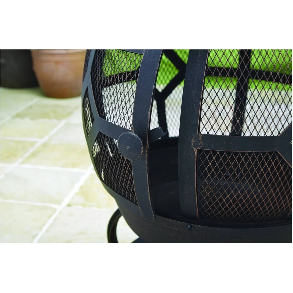 Wood Burning Cast Iron Chiminea Outdoor Fireplace with Mesh Cover 360 Degree Fire View includes Poker and Protective Cover