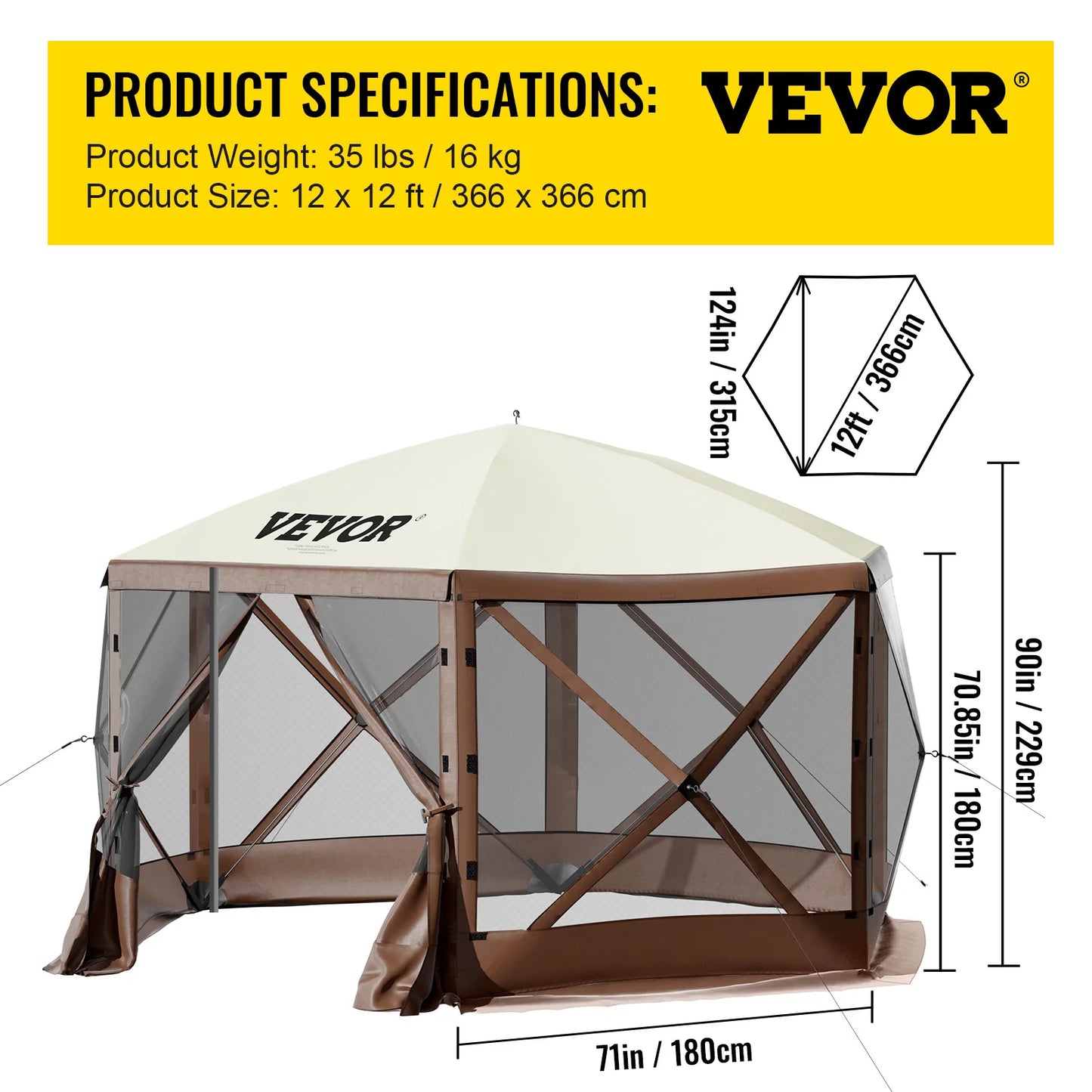 VEVOR Pop-up Camping Gazebo Camping Canopy Shelter 6 Sided 12' x 12' / 10' x 10' Sun Shade Tents & Canopies Camping & Hiking
