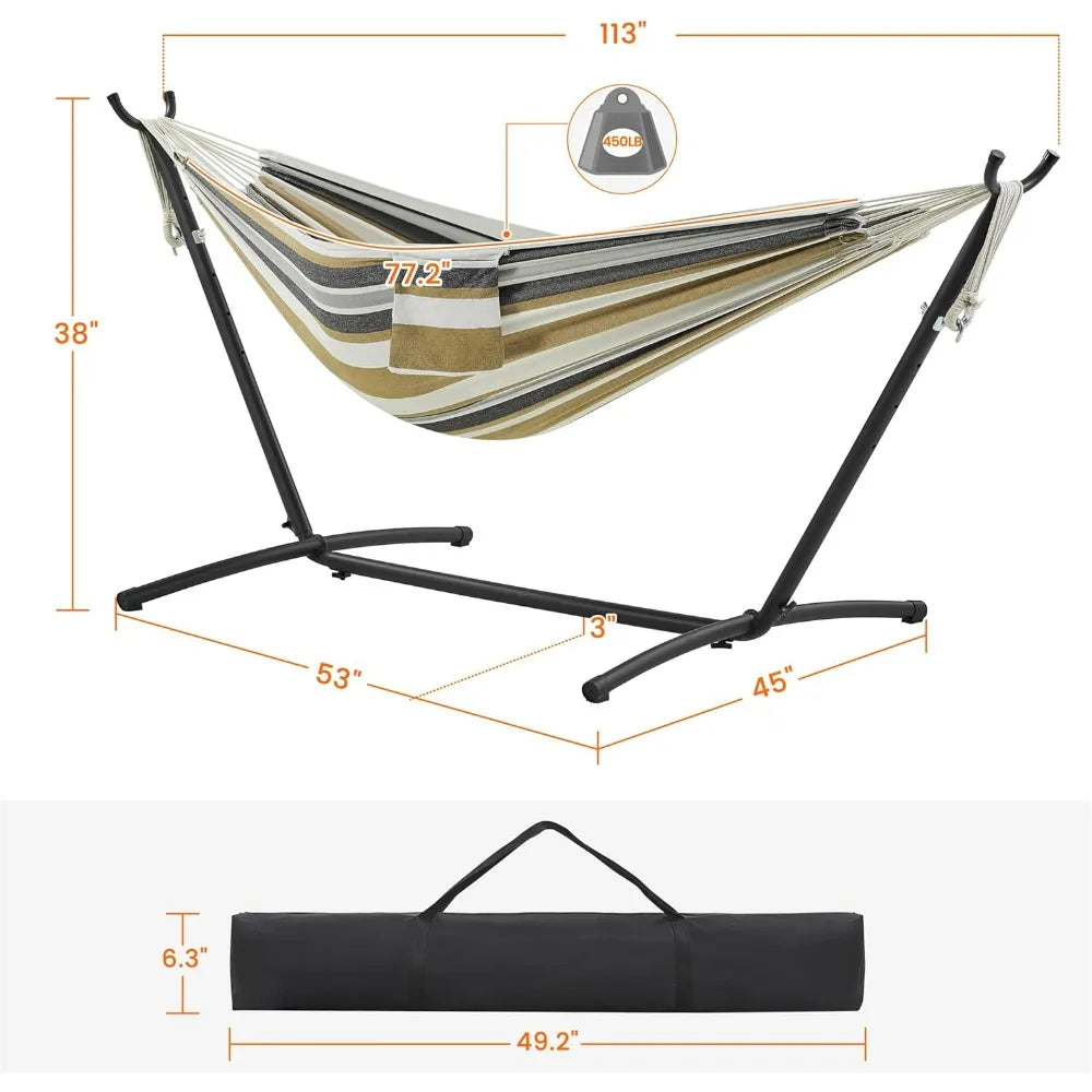 Double Hammock w/Stand, 2-People Hammock & Stand Set w/Storage Bag & Carrying Bag, Outdoor/Indoor Heavy-Duty Portable Hammock