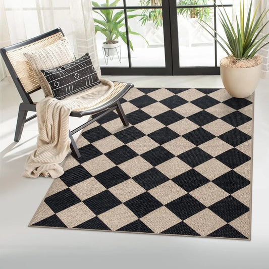 Checkered Easy Jute 3x5 Outdoor Patio Rug, Washable Rugs, Farmhouse Neutral Non Slip Black Door Carpet for Backyard Bedroom, Rug